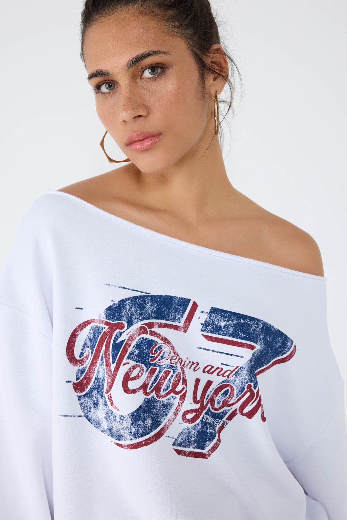 New York Baskılı Beyaz Sweatshirt