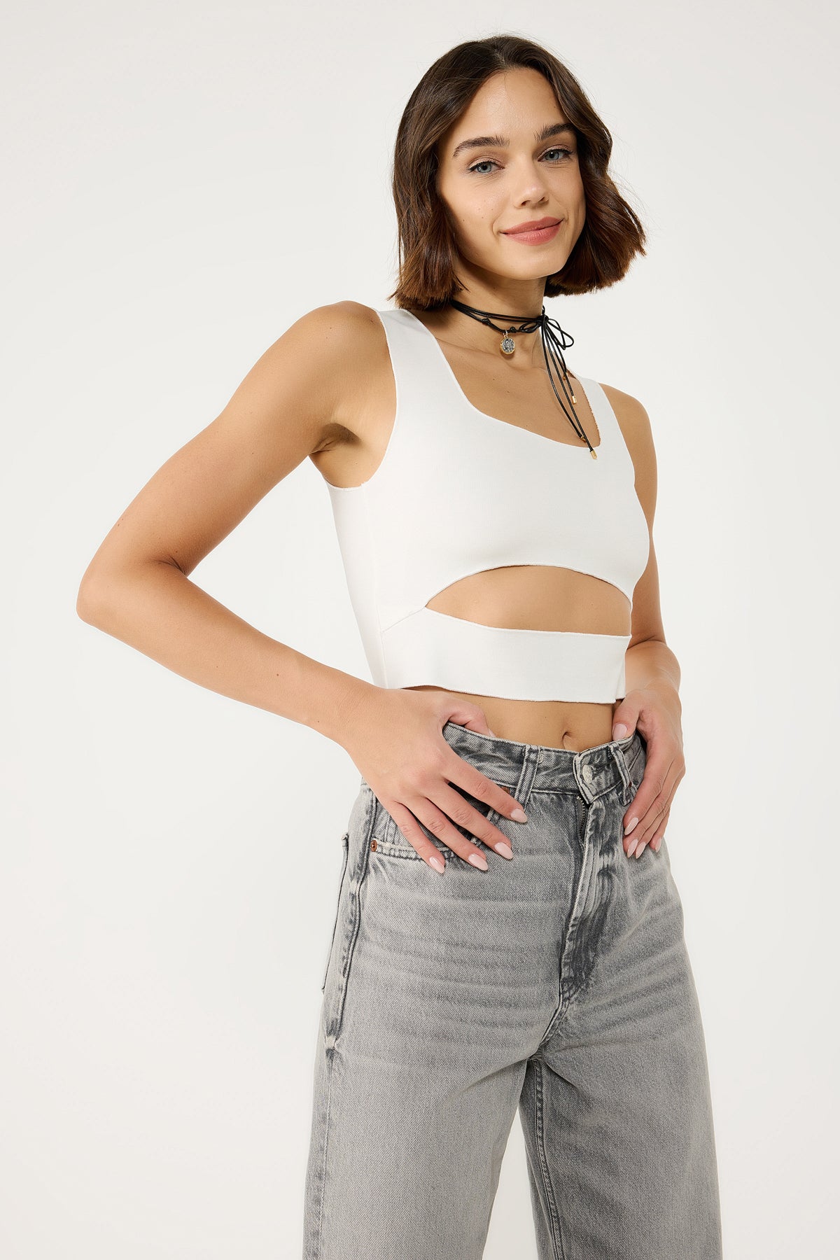 Pencere Detaylı Streç Örgü Basic Top