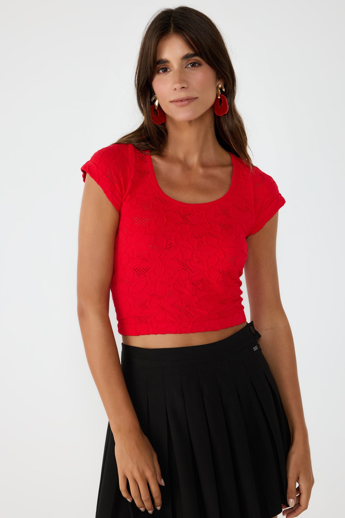 Dantel Detaylı Kırmızı Kısa Kollu Crop Top