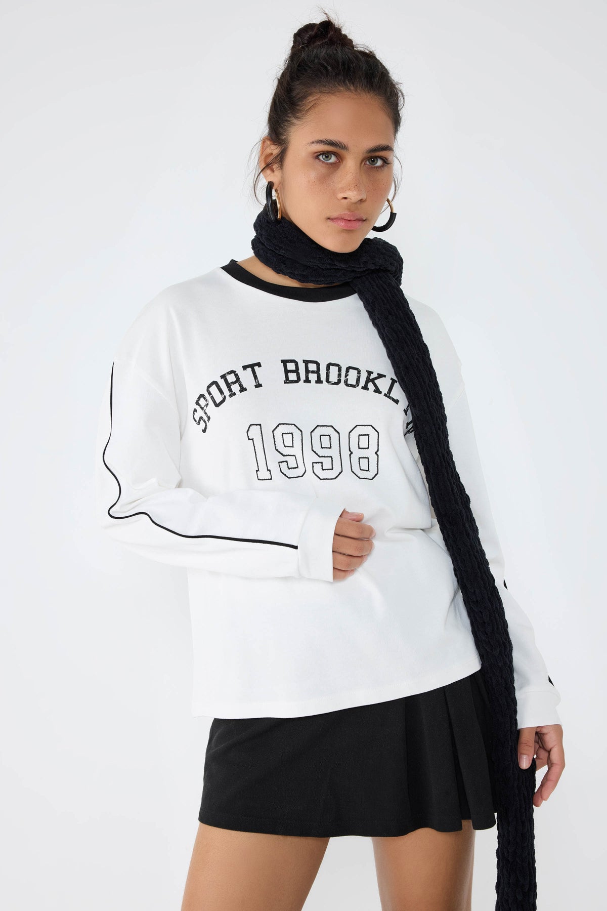 %100 Pamuk Beyaz Sport Brooklyn 1998 Baskılı Uzun Kollu Pamuklu Sweat