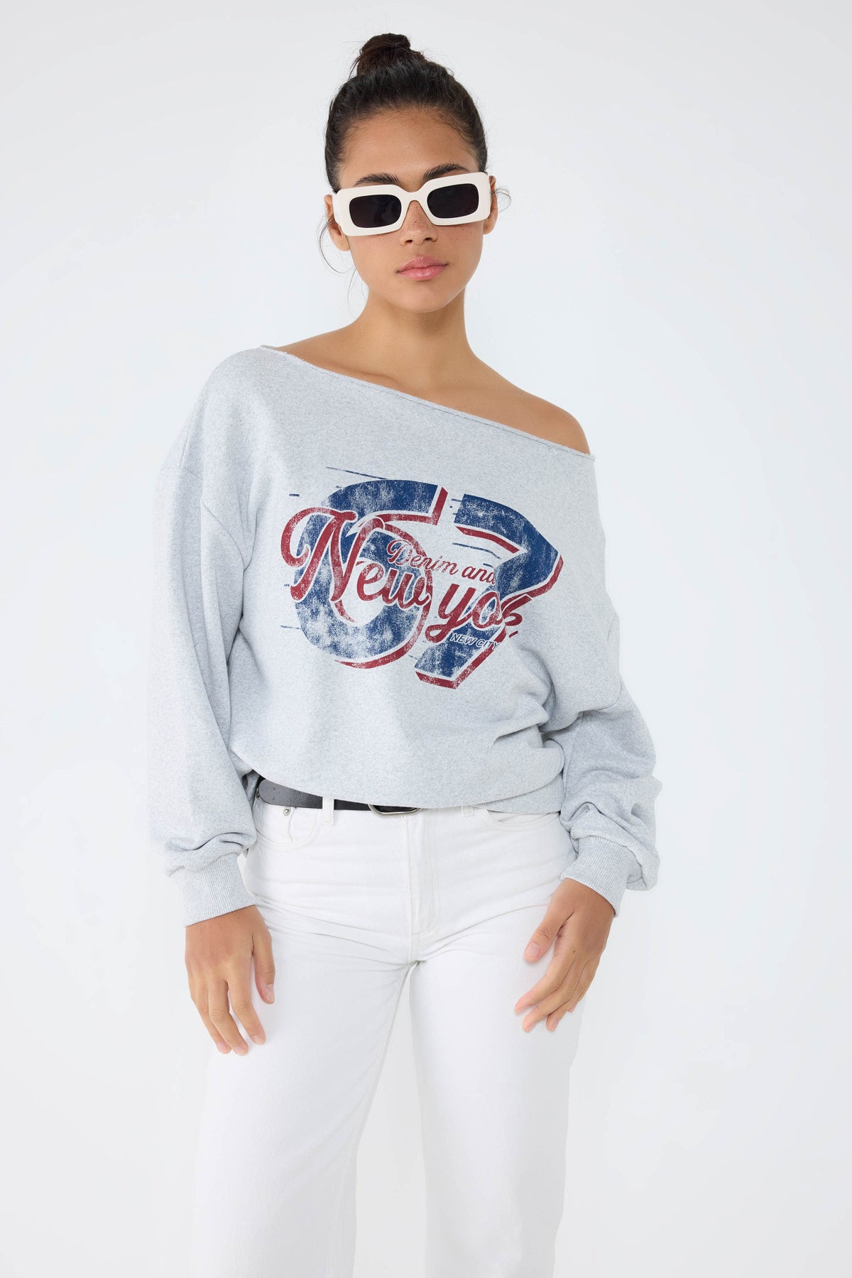 New York Baskılı Gri Sweatshirt