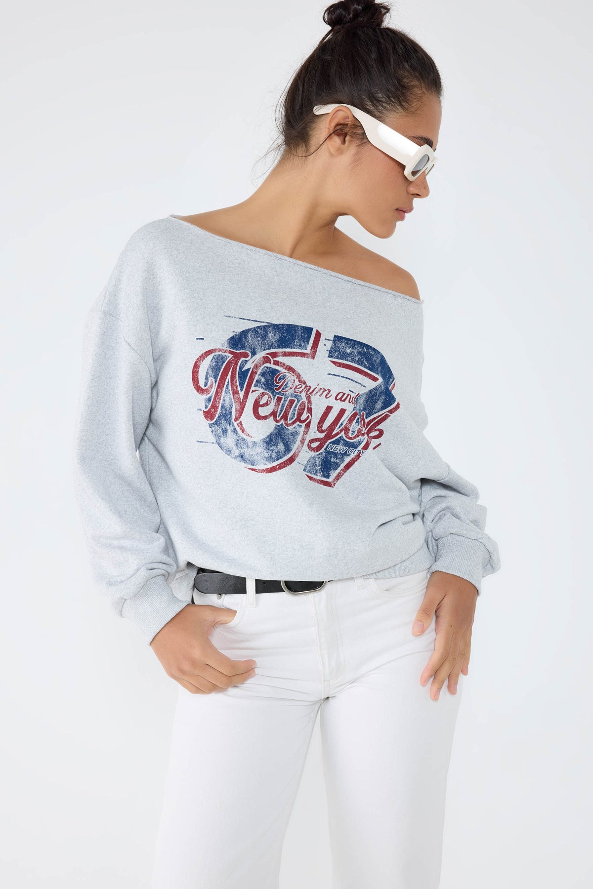 New York Baskılı Gri Sweatshirt