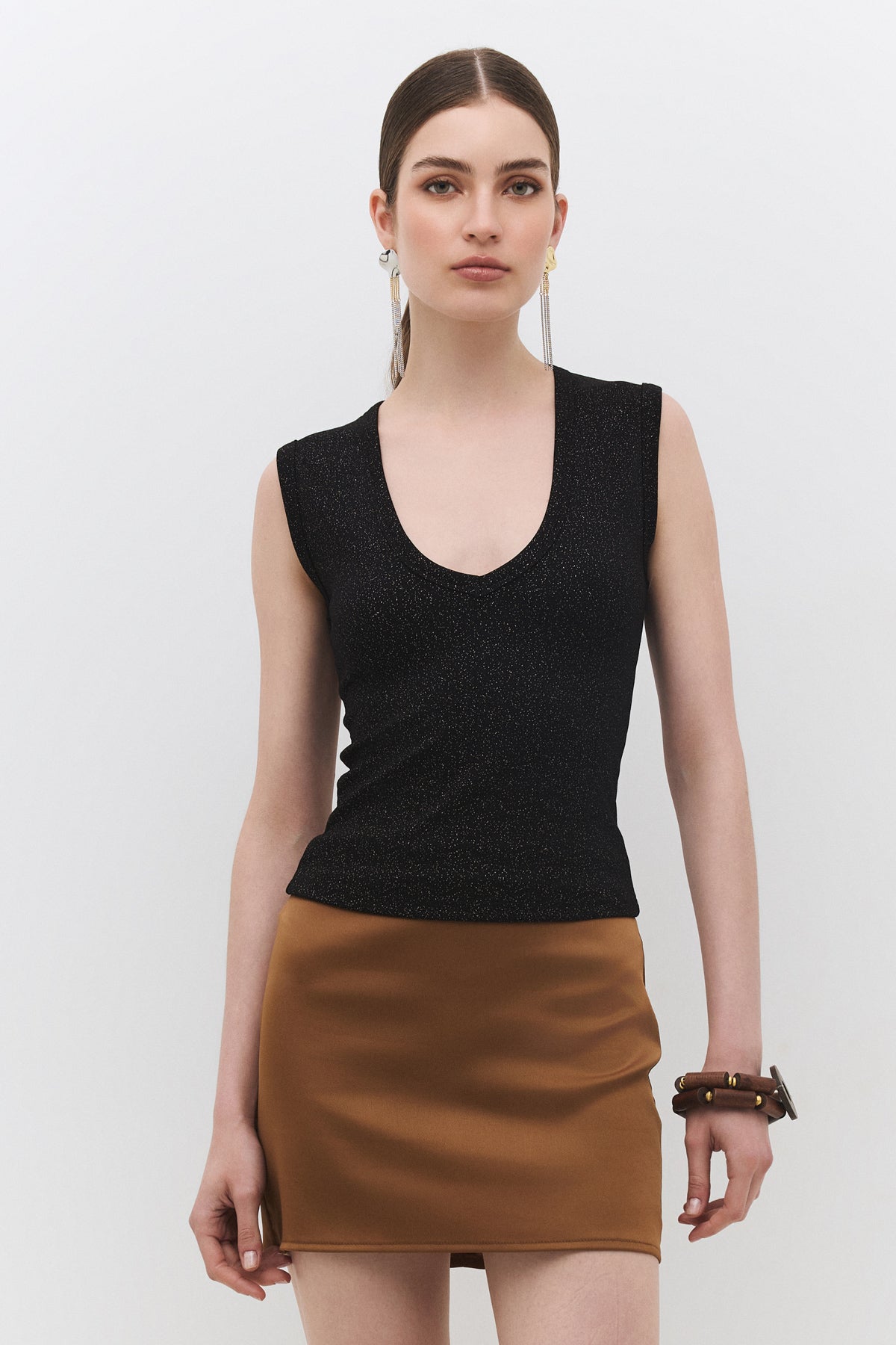 Simli Kolsuz V Yaka Slim Fit Top