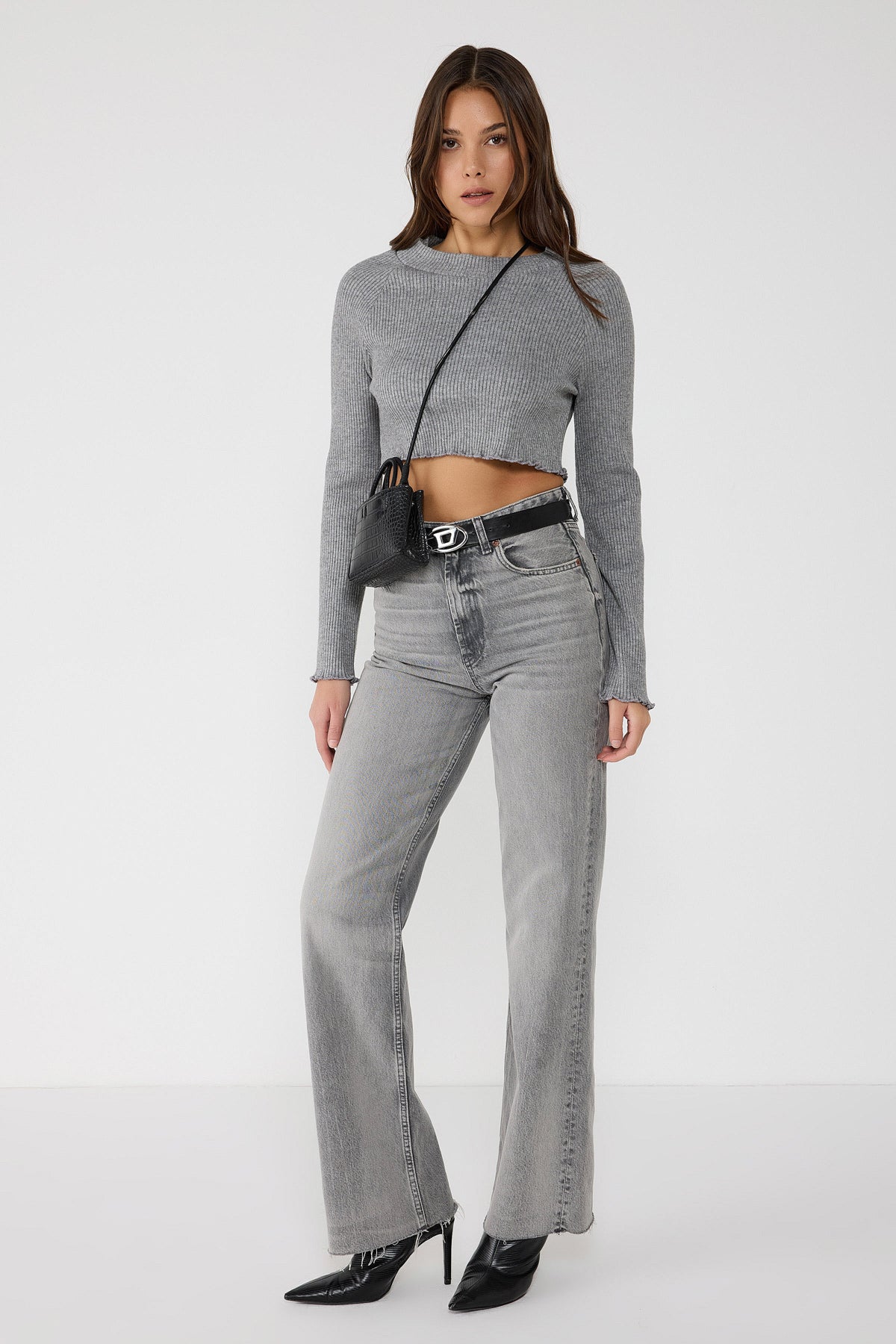 Bisiklet Yaka Fitilli Triko Crop Top