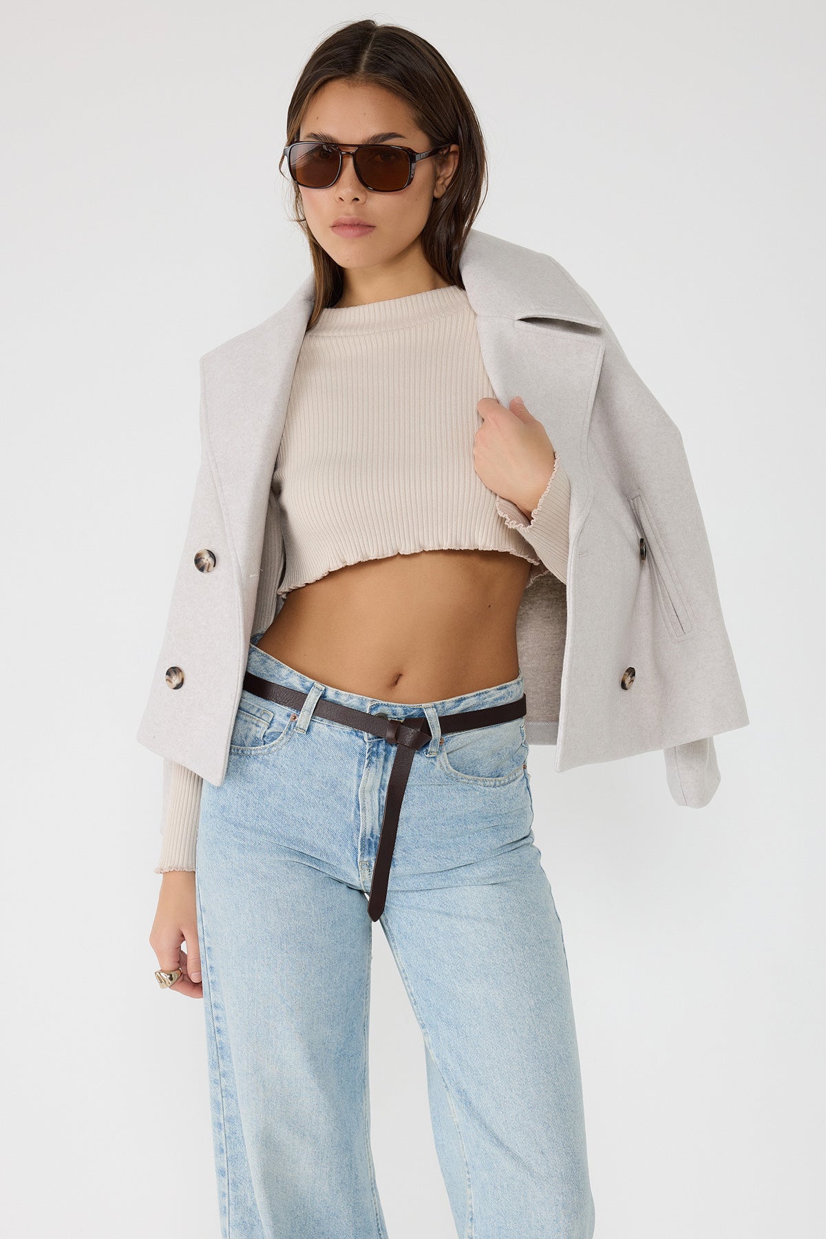 Bisiklet Yaka Fitilli Triko Crop Top