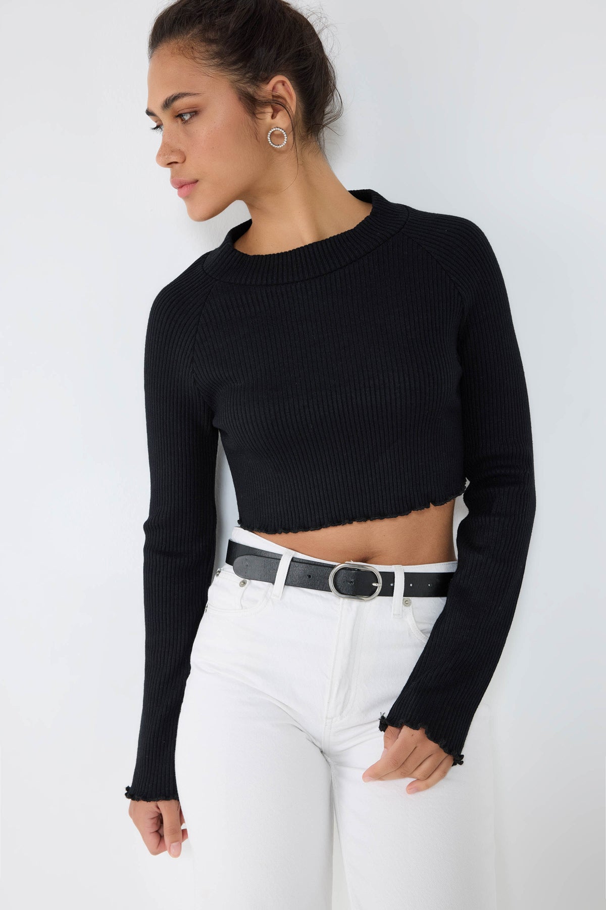 Bisiklet Yaka Fitilli Triko Crop Top