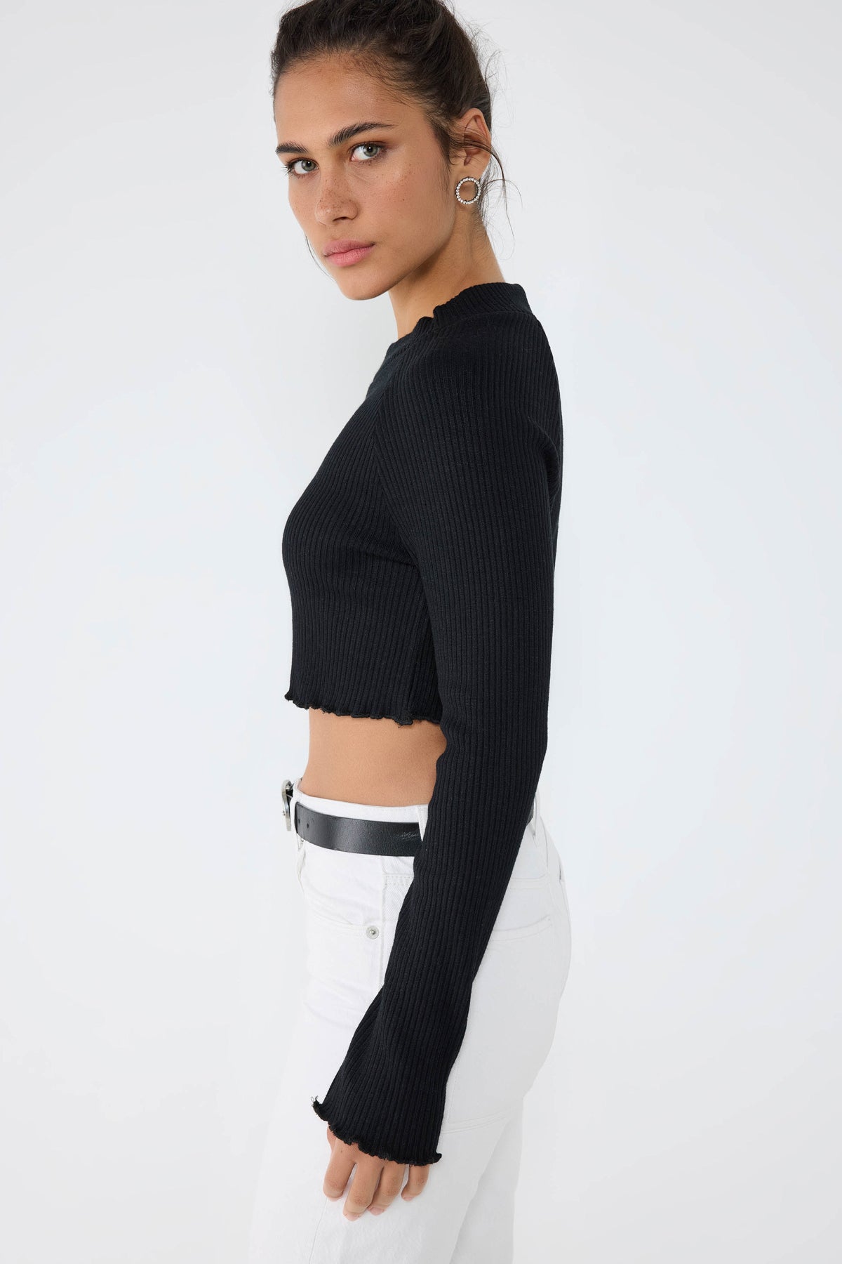 Bisiklet Yaka Fitilli Triko Crop Top