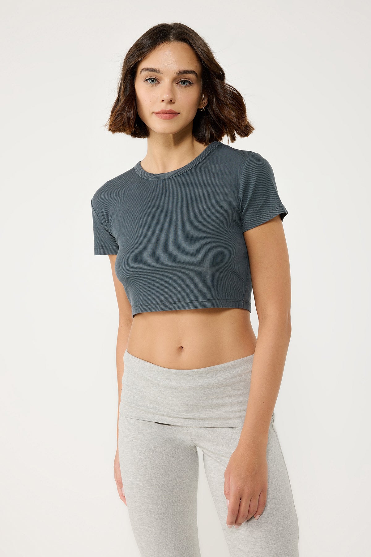 Fitilli Kumaştan Kısa Kollu Crop T-shirt