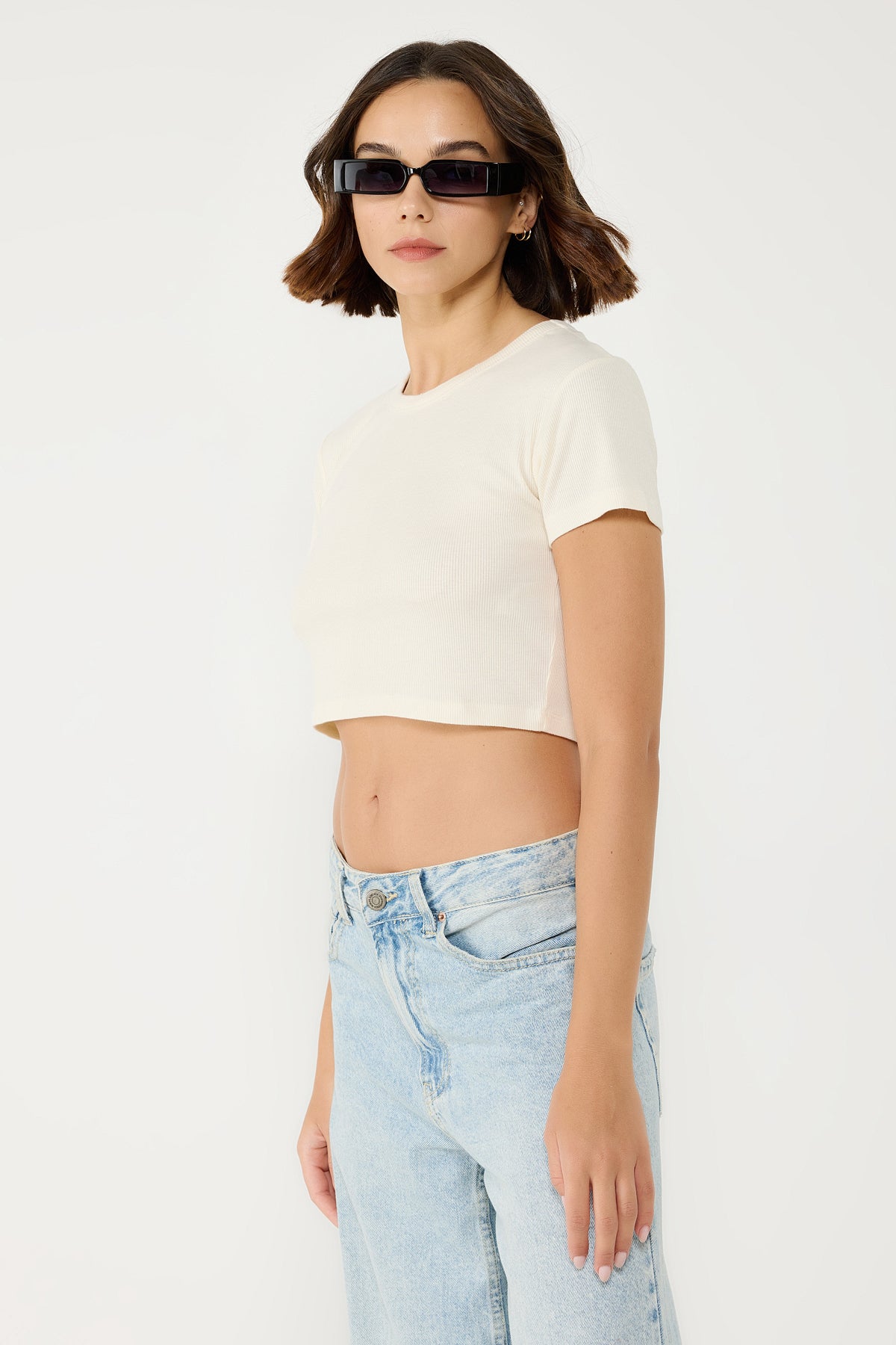 Fitilli Kumaştan Kısa Kollu Crop T-shirt