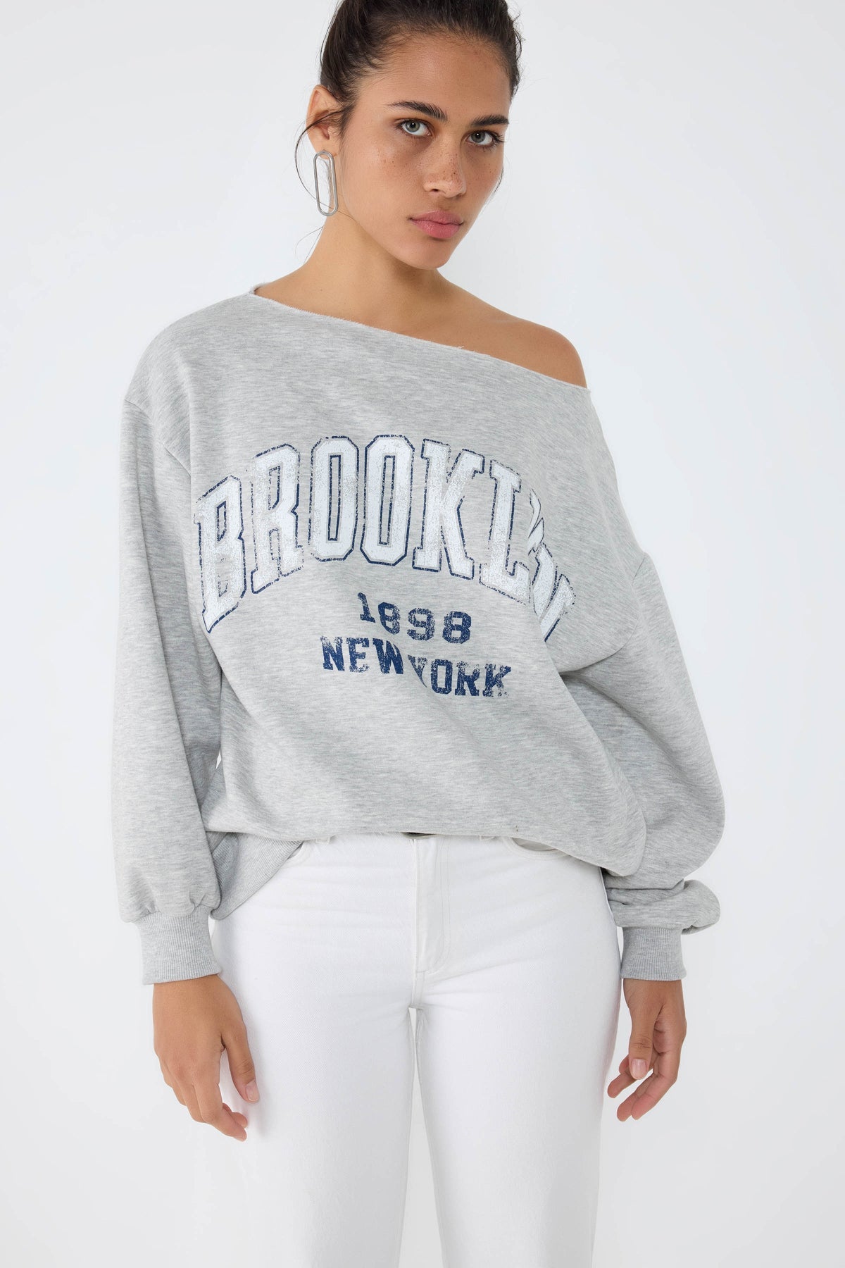 %100 Pamuk Brooklyn Yazılı Rahat Kesim Sweatshirt