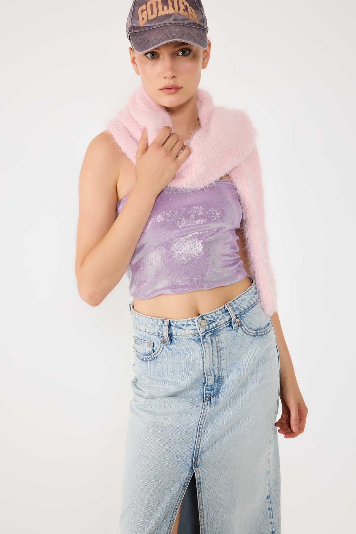 Lila Parlak Kumaş Straplez Crop Top