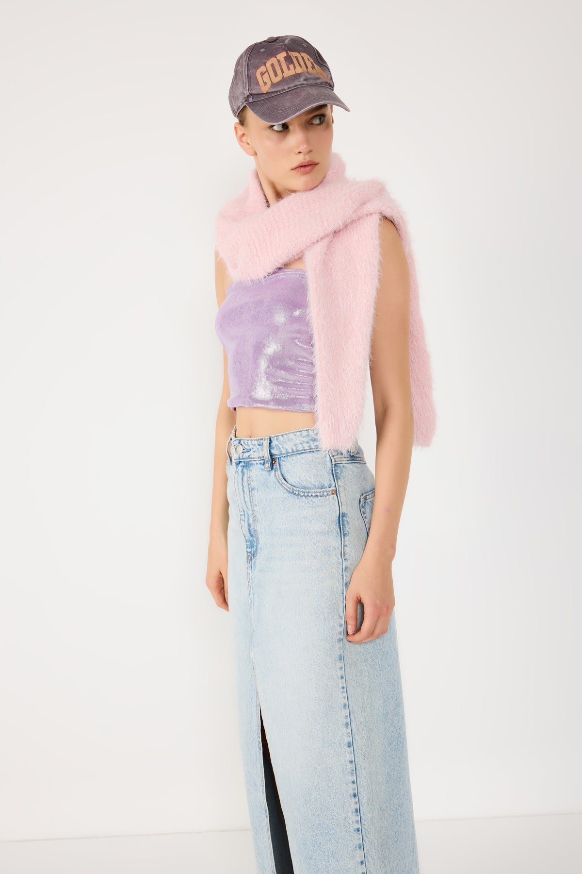 Lila Parlak Kumaş Straplez Crop Top