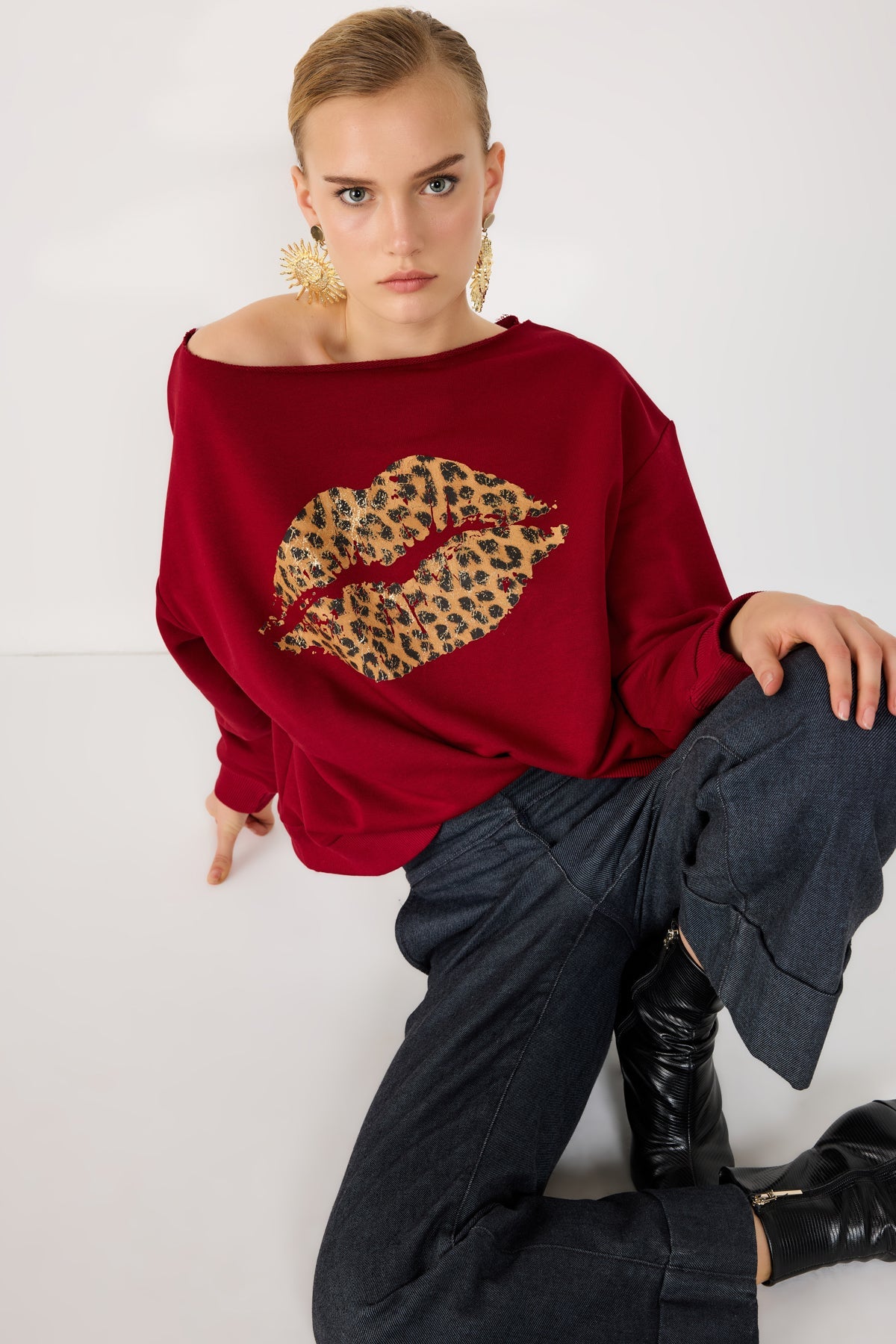 %100 Pamuk Leopar Desenli Dudak Baskılı Sweatshirt