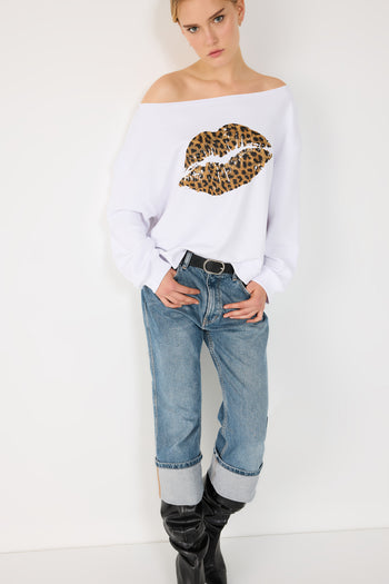 %100 Pamuk Leopar Desenli Dudak Baskılı Sweatshirt