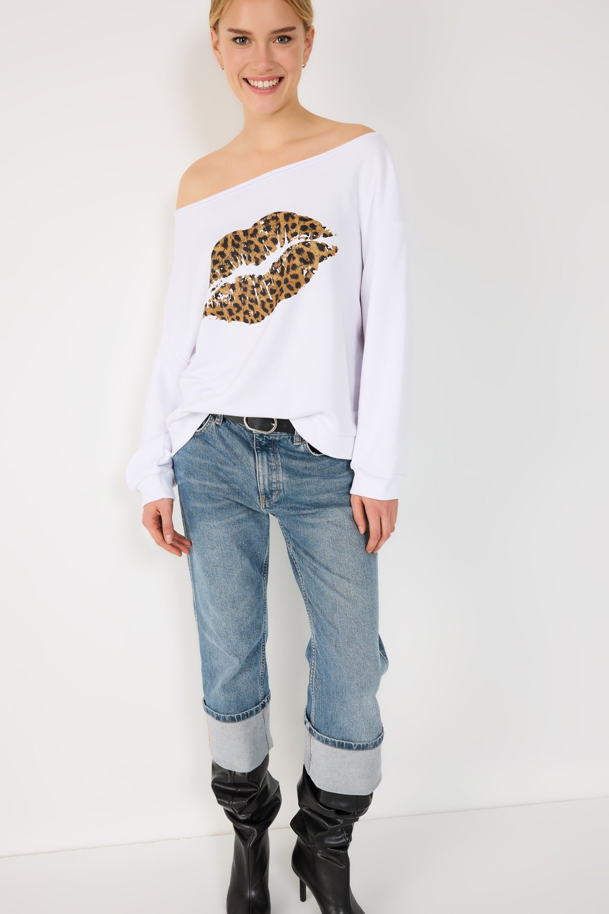 %100 Pamuk Leopar Desenli Dudak Baskılı Sweatshirt