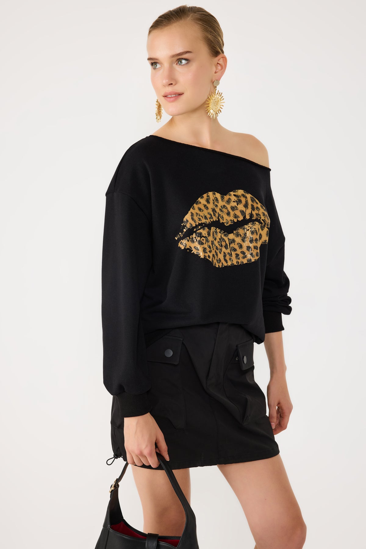 %100 Pamuk Leopar Desenli Dudak Baskılı Sweatshirt