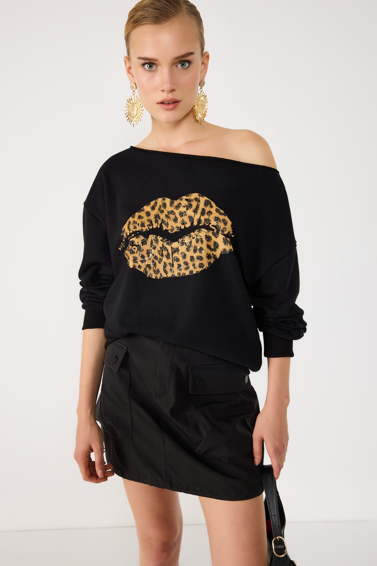 %100 Pamuk Leopar Desenli Dudak Baskılı Sweatshirt