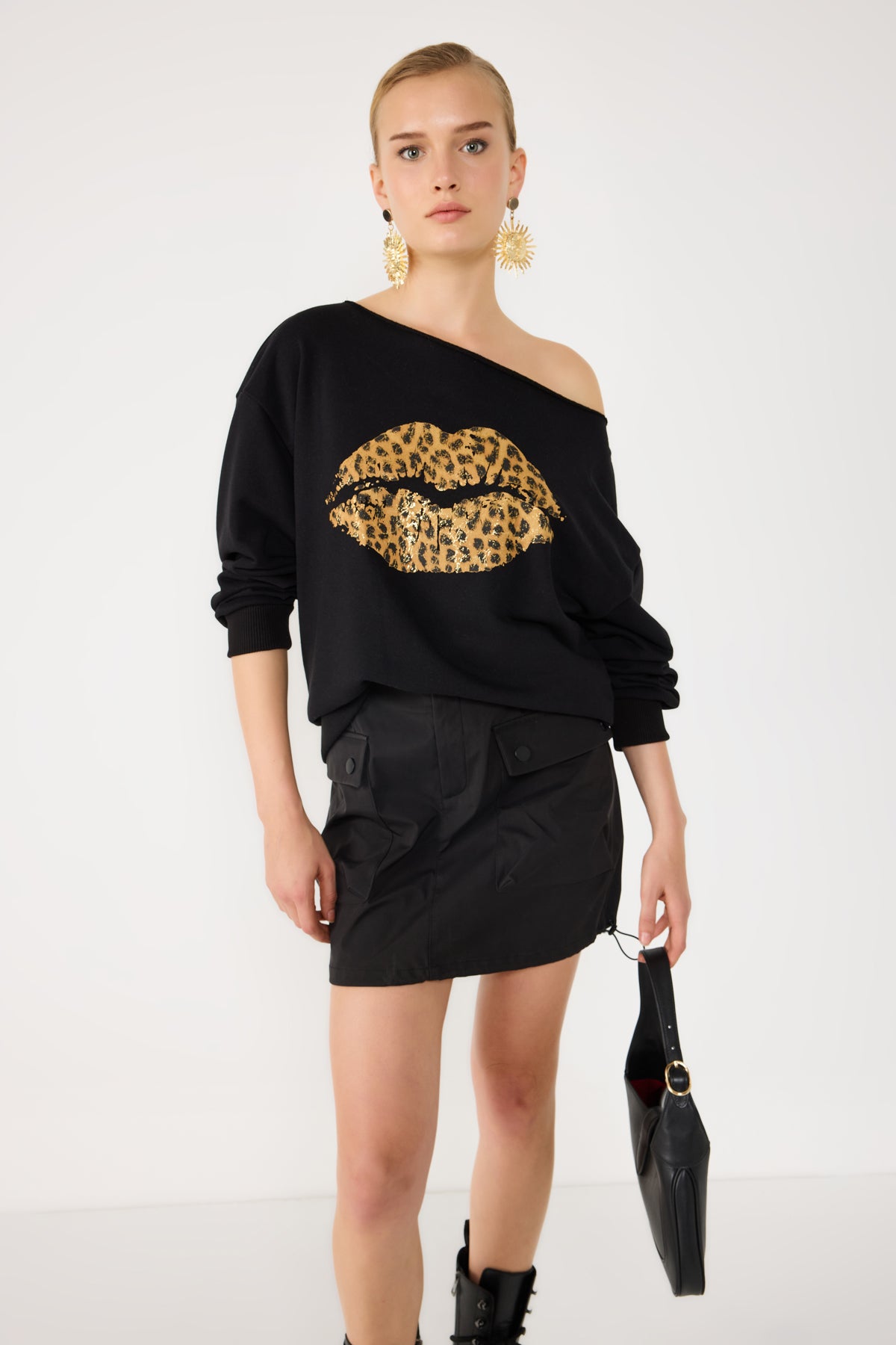 %100 Pamuk Leopar Desenli Dudak Baskılı Sweatshirt