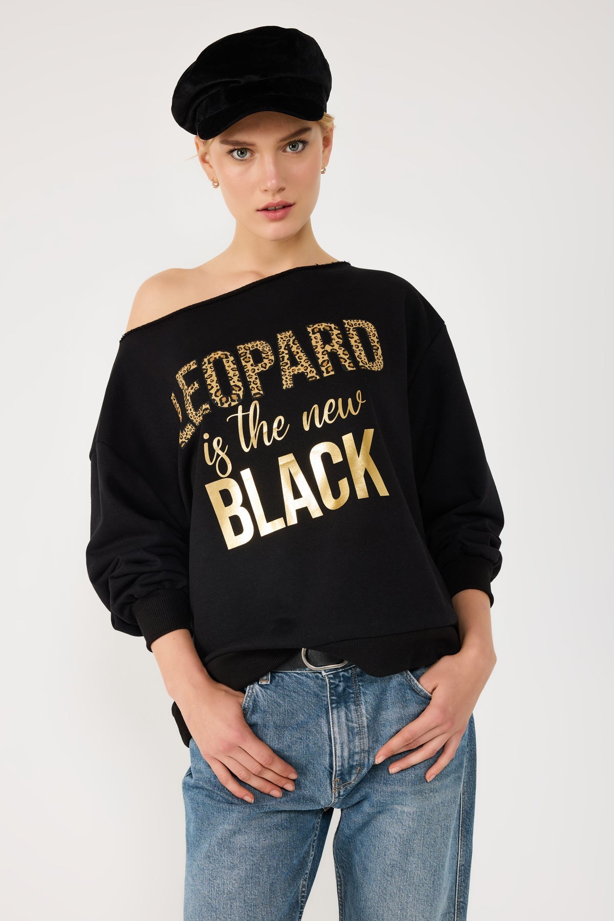 %100 Pamuk Leopar Rahat Kesim Sweatshirt