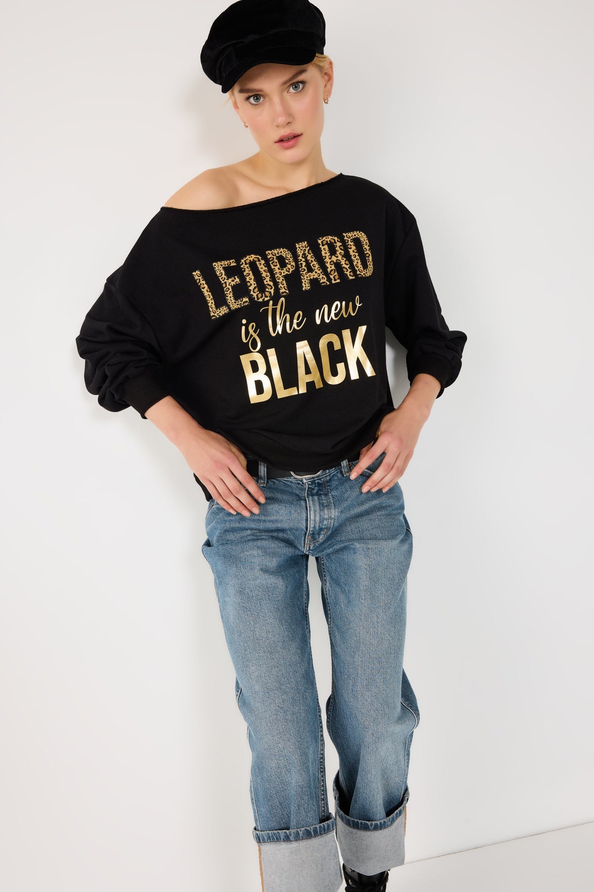 %100 Pamuk Leopar Rahat Kesim Sweatshirt